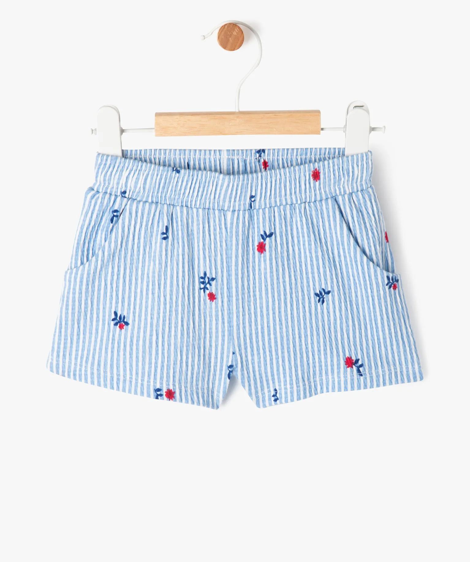 short raye en maille gaufree extensible bebe fille bleu shorts