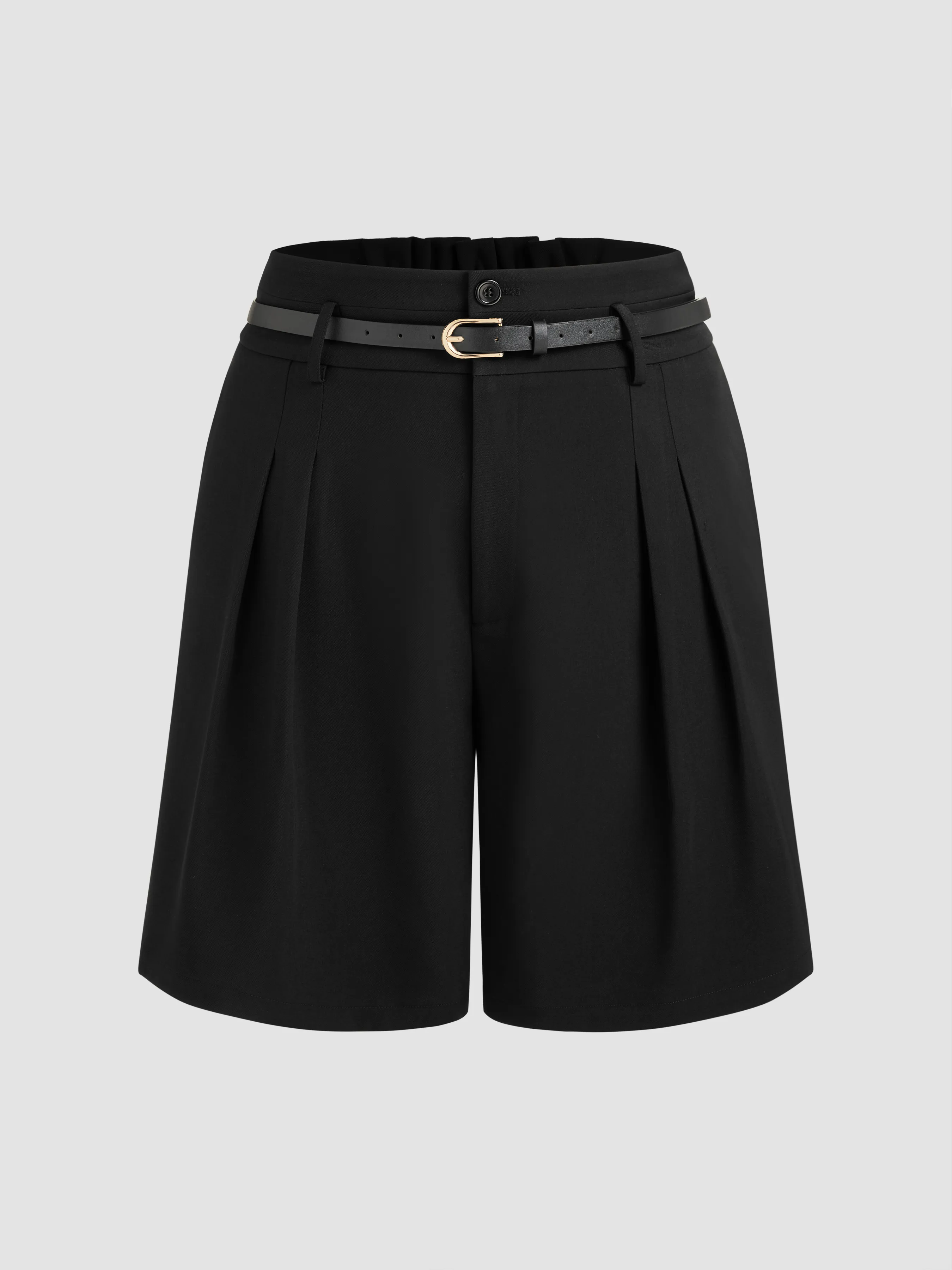 Shorts plissés unis à taille haute tissés avec ceinture Curve & Plus