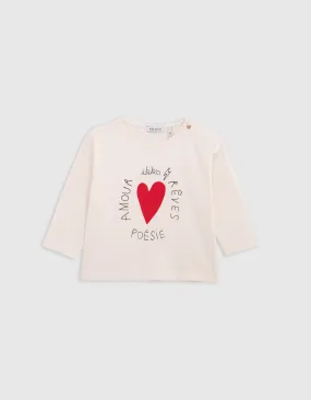 T-shirt écru coton bio visuel cœur et message bébé fille