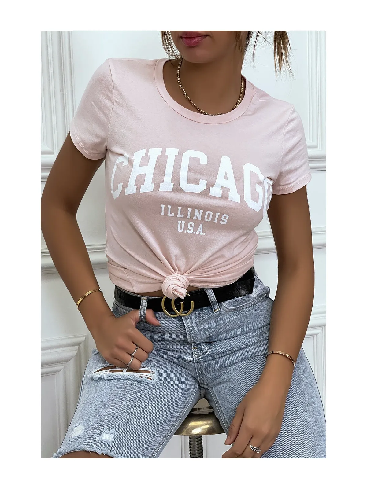 T-shirt rose en coton avec écriture CHICAGO. T-shirt femme