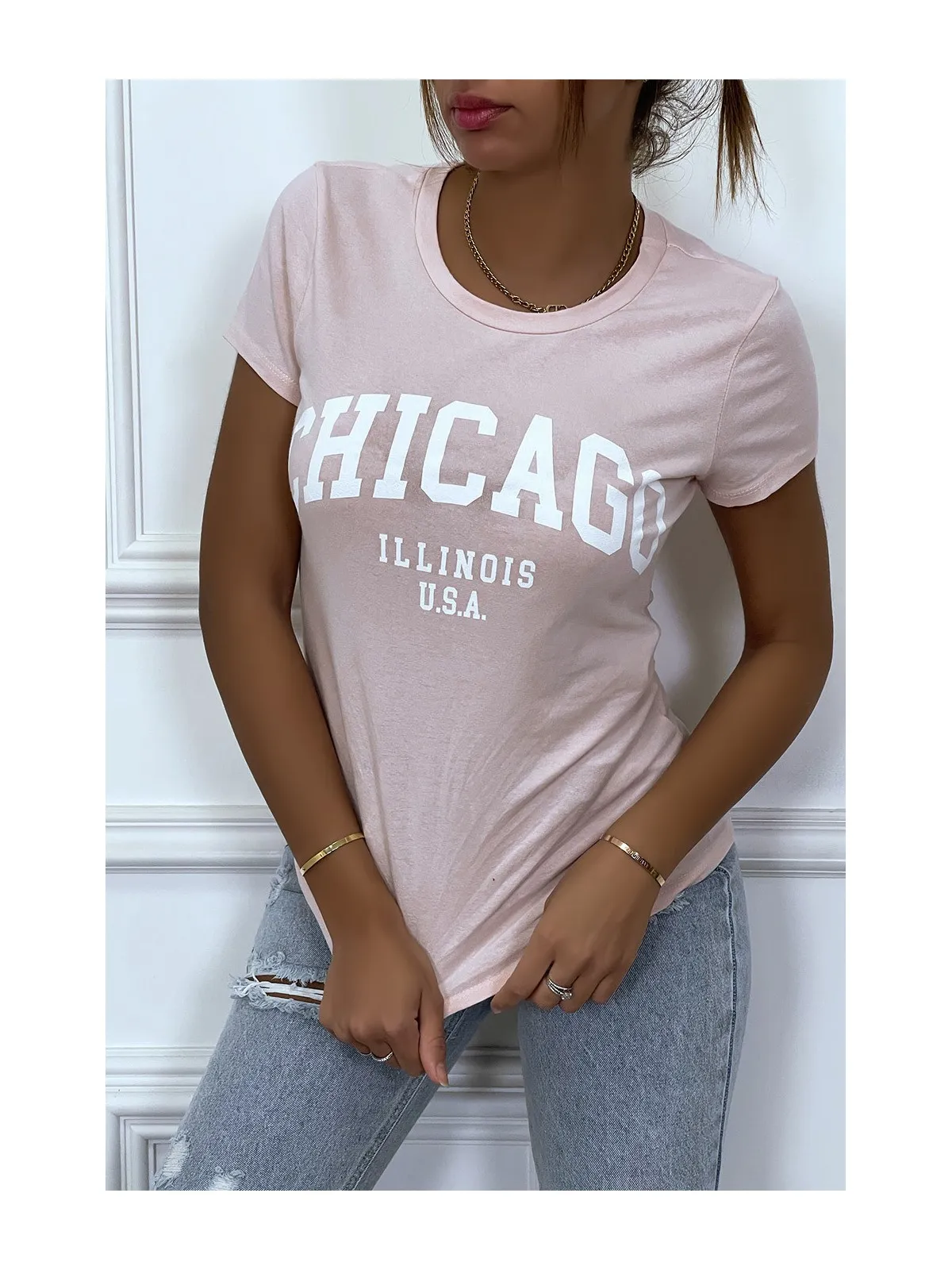 T-shirt rose en coton avec écriture CHICAGO. T-shirt femme