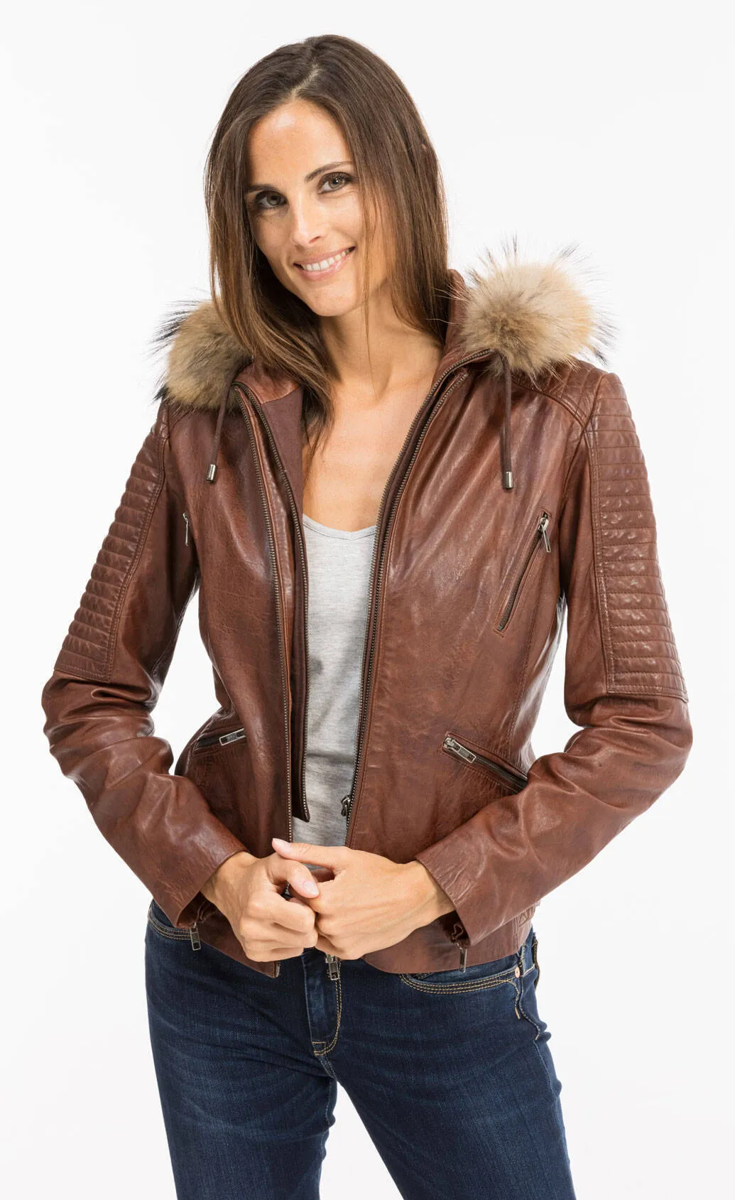 Veste cuir capuche femme tabac