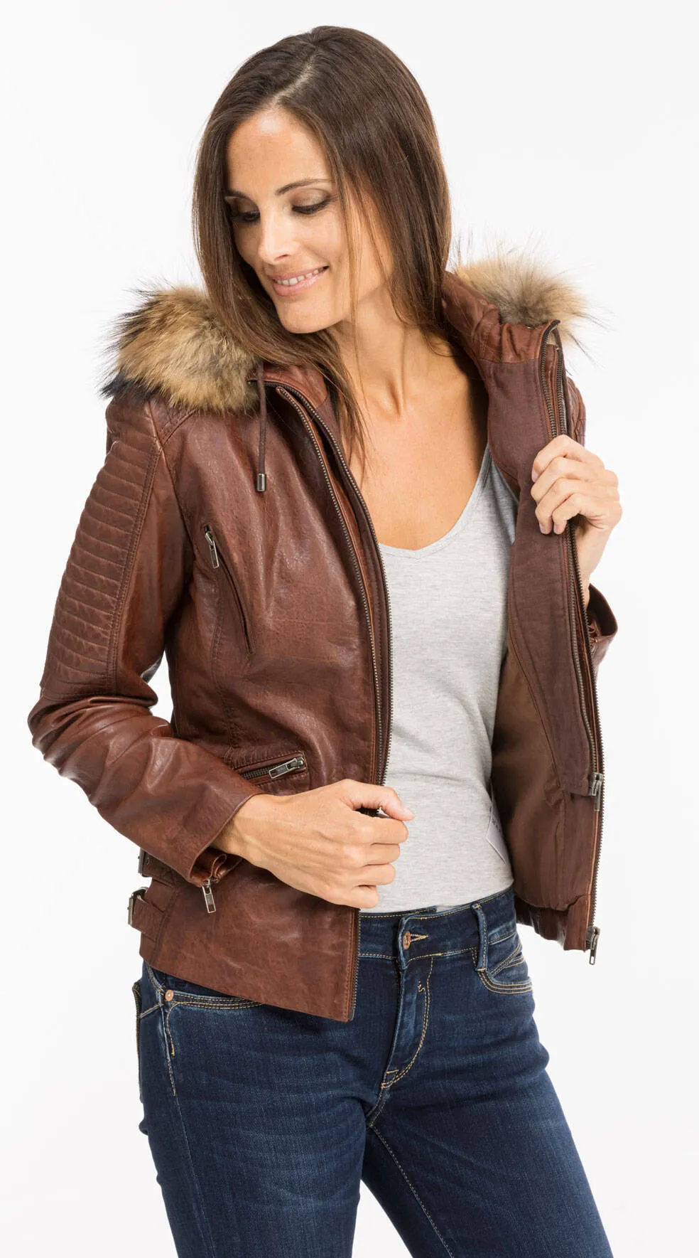 Veste cuir capuche femme tabac