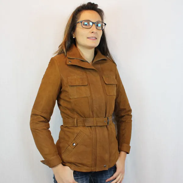 Veste en cuir marron avec ceinture pour femme