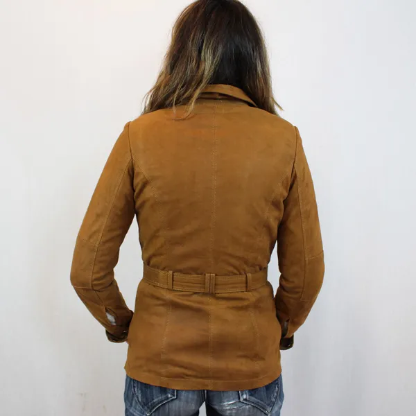 Veste en cuir marron avec ceinture pour femme