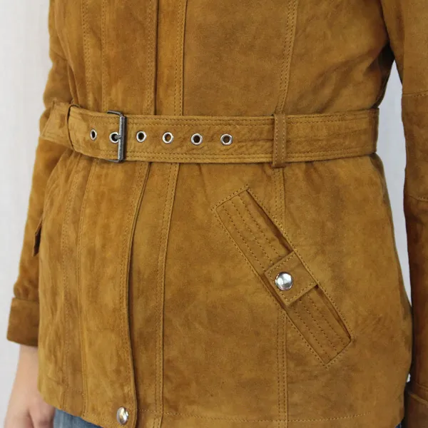 Veste en cuir marron avec ceinture pour femme