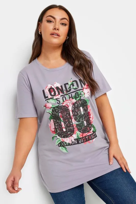 YOURS Curve Pink Acid Wash 'London' Rose Print T-Shirt