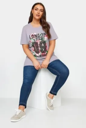 YOURS Curve Pink Acid Wash 'London' Rose Print T-Shirt