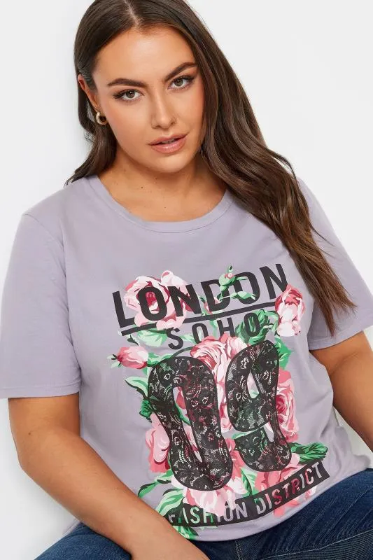 YOURS Curve Pink Acid Wash 'London' Rose Print T-Shirt