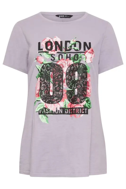 YOURS Curve Pink Acid Wash 'London' Rose Print T-Shirt